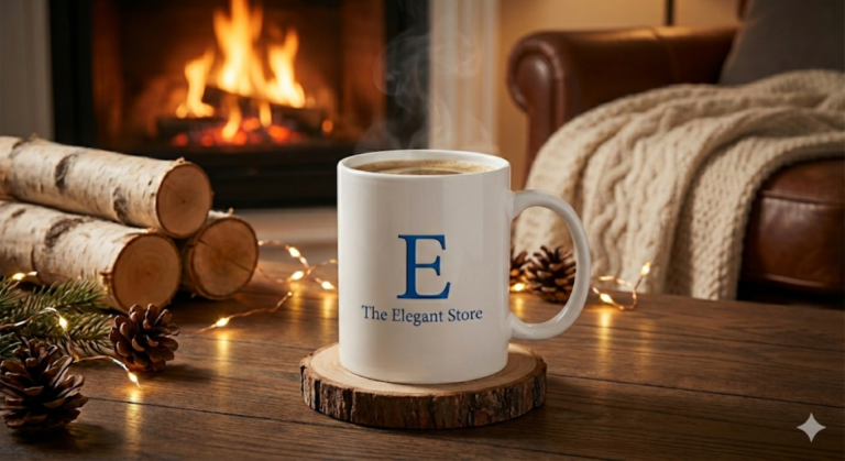 Premium AI product photography for e-commerce: A white ceramic mug with a blue "E" logo from The Elegant Store, demonstrating high-quality AI background removal and lifestyle staging.