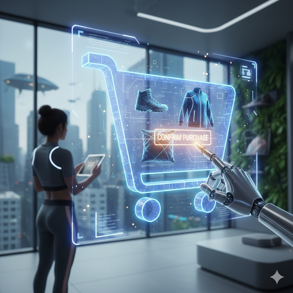 A futuristic representation of Agentic AI in ecommerce featuring a robotic hand interacting with a holographic shopping cart to confirm a purchase for a customer in a high-tech city setting.