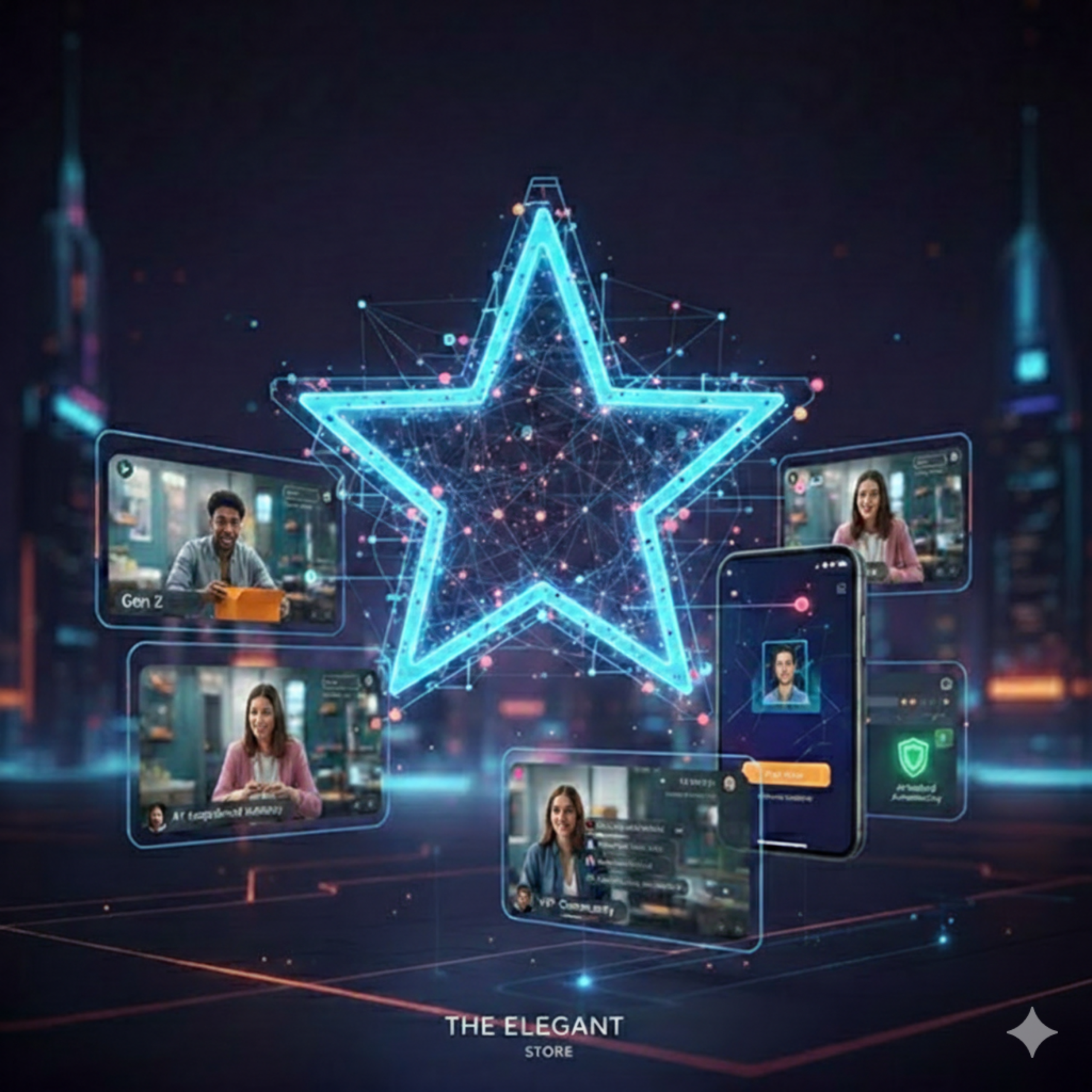 A futuristic digital star representing 2026 social proof trends, surrounded by AI-verified reviews, Gen Z video testimonials, and social commerce mobile interfaces for The Elegant Store.