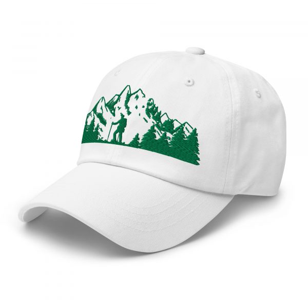 Close-up view of hiking hat fabric and adjustable strap