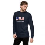 Patriotic USA T-Shirt featuring bold American flag design on navy blue color