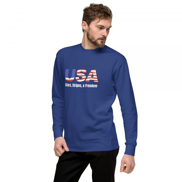 Patriotic USA T-Shirt featuring bold American flag design on blue color