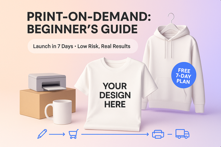 Neutral beige banner with T-shirt, mug, printer and hoodie illustrating
