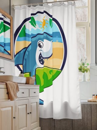 Shark on Beach Shower Curtain | Coastal Bathroom Decor
