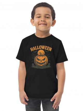 Spooky Halloween Pumpkin Illustration with Full Moon and Bats