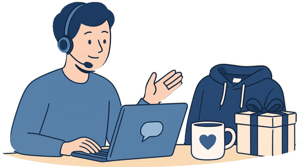 Friendly TheElegant.Store support helping customer with gift order, laptop on desk with hoodie, mug and gift box.