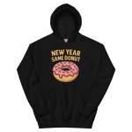 New Year Same Donut hoodie in black pink sprinkled donut graphic, unisex pullover.