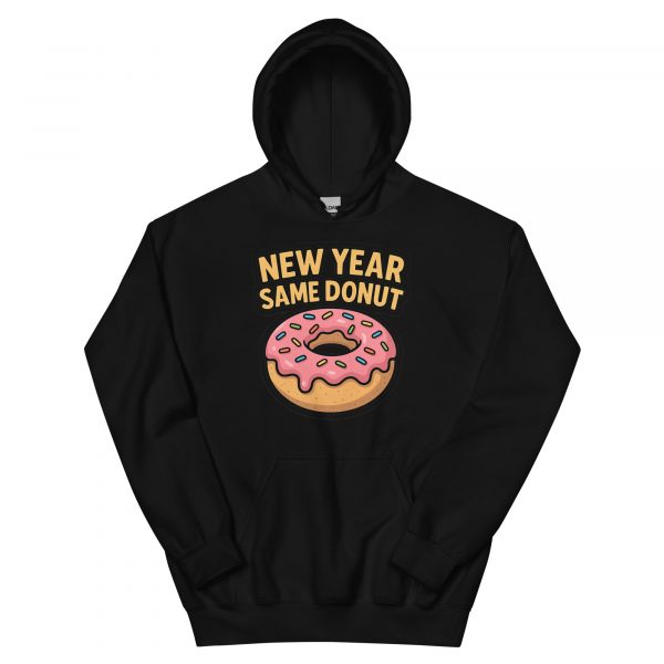 New Year Same Donut hoodie in black pink sprinkled donut graphic, unisex pullover.