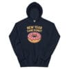New Year Same Donut navy hoodie funny food lover pullover with pink frosted donut.