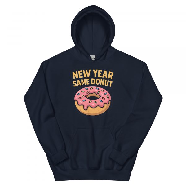 New Year Same Donut navy hoodie funny food lover pullover with pink frosted donut.