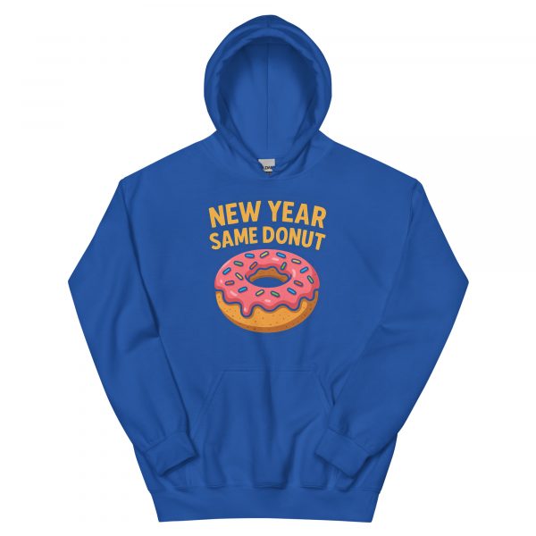 Stack of New Year Same Donut hoodies colour royal blue option.