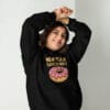 New Year Same Donut hoodie in black pink sprinkled donut graphic, unisex pullover.