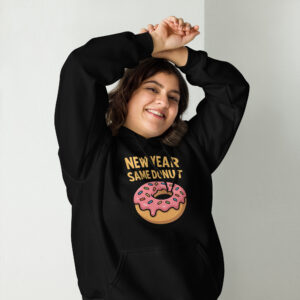 unisex-heavy-blend-hoodie-black-front-693de0f325ea2 New Year Same Donut hoodie in black pink sprinkled donut graphic, unisex pullover.