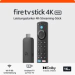 Fire TV Stick 4K Max with Alexa Voice Remote, featuring Wi-Fi 6E support, Ambient TV, Dolby Vision/Atmos, and 16 GB storage.