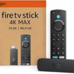 Fire TV Stick 4K Max bundle showing the device, Alexa Voice Remote, and retail packaging, highlighting 16 GB storage and Wi-Fi 6E.
