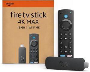 Fire TV Stick 4K Max bundle showing the device, Alexa Voice Remote, and retail packaging, highlighting 16 GB storage and Wi-Fi 6E.