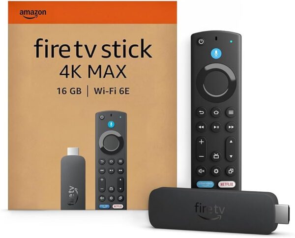 Fire TV Stick 4K Max bundle showing the device, Alexa Voice Remote, and retail packaging, highlighting 16 GB storage and Wi-Fi 6E.
