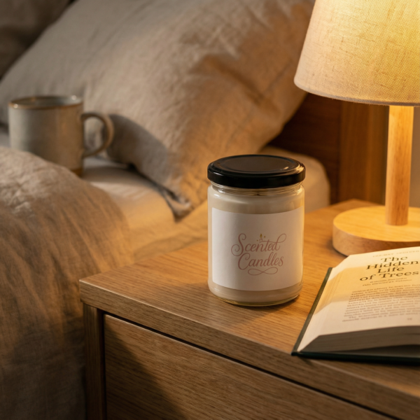 Scented candle in a glass jar with a black lid and pink script label on a wooden nightstand with warm lamp light and an open book near the bed.
