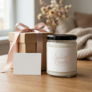 cented candle in a glass jar with a black lid and pink script label beside a kraft gift box with a pink ribbon and a blank card on a wooden table.