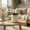 Scented candle in a glass jar with a black lid and pink script label on a wooden coffee table in a sunlit living room with neutral decor and books.