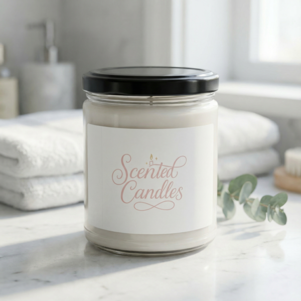 Scented candle in a clear glass jar with a black lid and pink script label on a marble counter beside towels and eucalyptus in a bright bathroom.