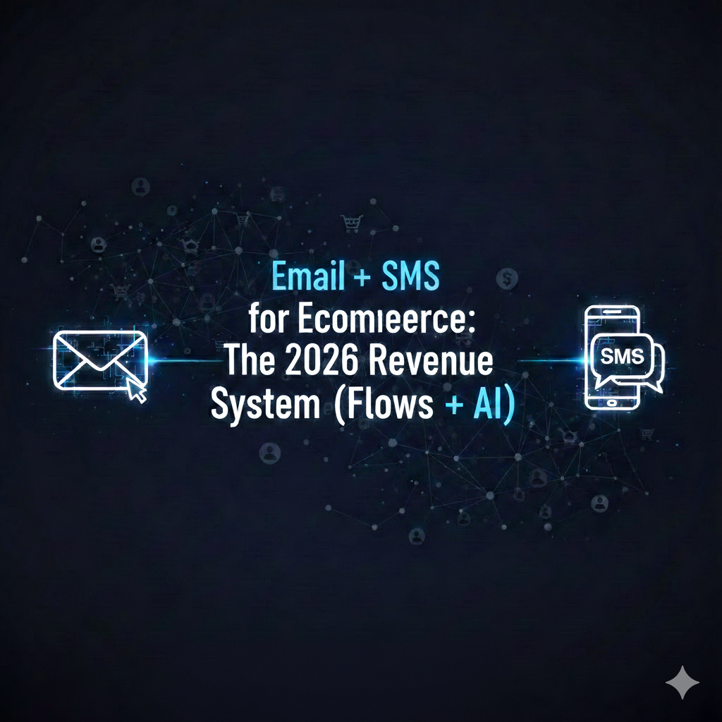 A professional digital marketing graphic on a dark background featuring a glowing email icon and a smartphone icon connected by a light beam. Central text reads "Email + SMS for Ecommerce: The 2026 Revenue System (Flows + AI)" with subtle networking nodes and icons in the background.