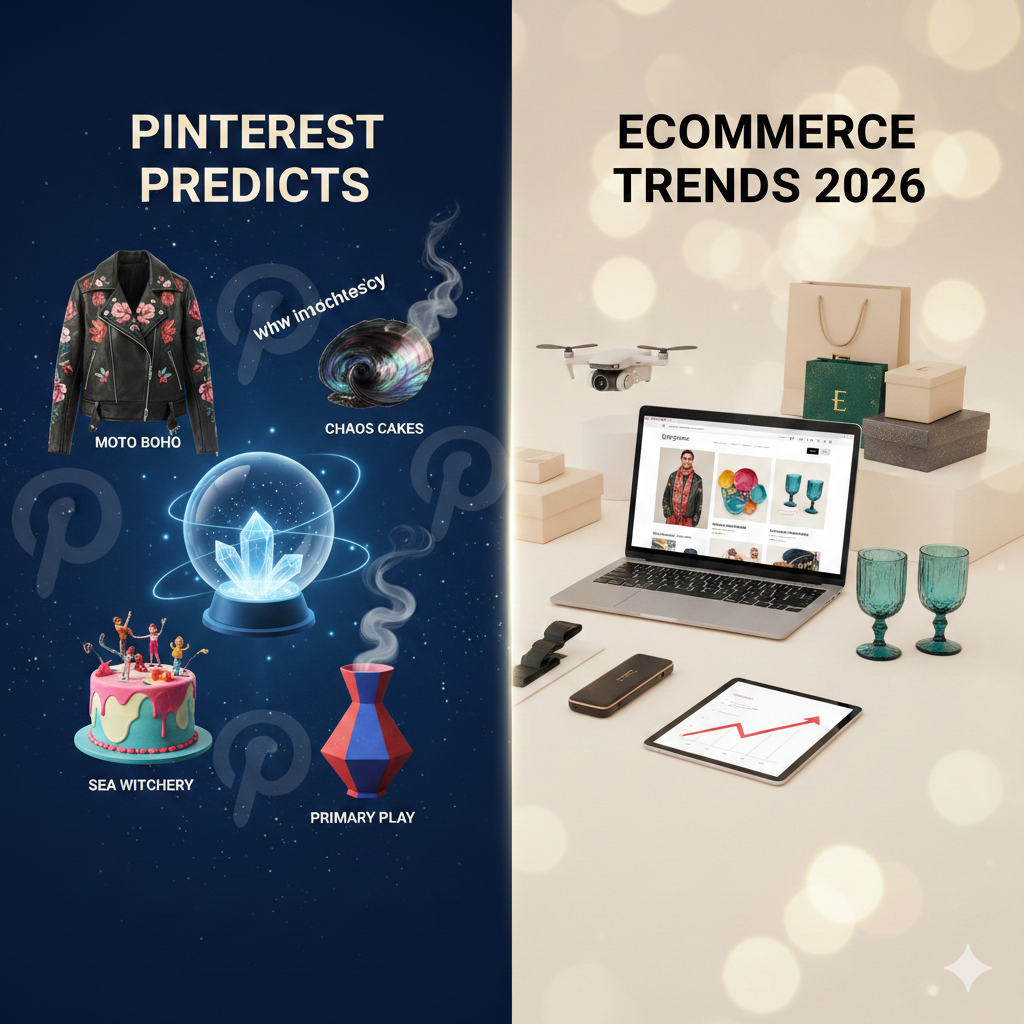 A split-screen infographic representing Pinterest Predicts 2026 ecommerce trends. The left side features a dark cosmic background with a glowing crystal ball surrounded by "Moto Boho" fashion, "Sea Witchery" aesthetics, and "Chaos Cakes." The right side shows a clean, modern workspace with a laptop displaying an online store, a growth chart on a tablet, and luxury shopping bags, illustrating the transition from social trends to retail sales.