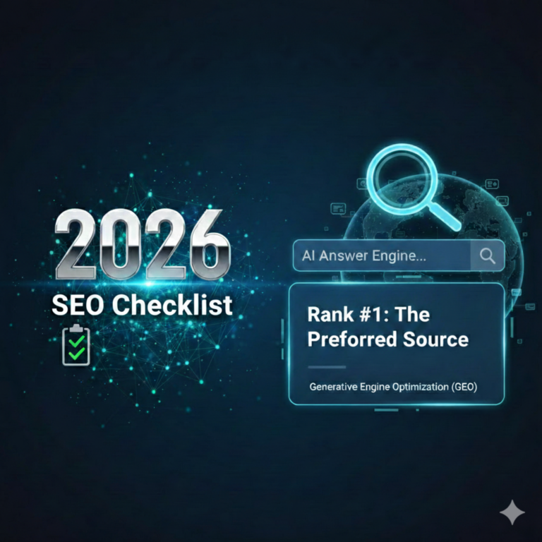A futuristic digital infographic showcasing the 2026 SEO Checklist and Generative Engine Optimization (GEO) concepts, featuring a glowing magnifying glass over a global network and a search bar for an AI Answer Engine.