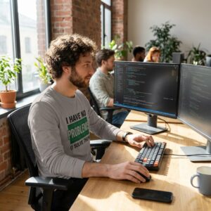 Unisex long sleeve tee in White featuring a green technical HUD grid design with the text 'I HAVE NO PROBLEMS (I SOLVE THEM)'