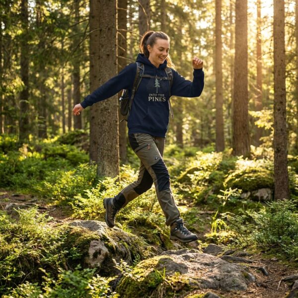 Woman hiking in a forest wearing the Into the Pines unisex hoodie in navy with minimal pine tree nature graphic.