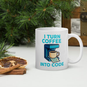 White glossy ceramic mug with "I Turn Coffee Into Code" text in blue, front view, The Elegant Store.